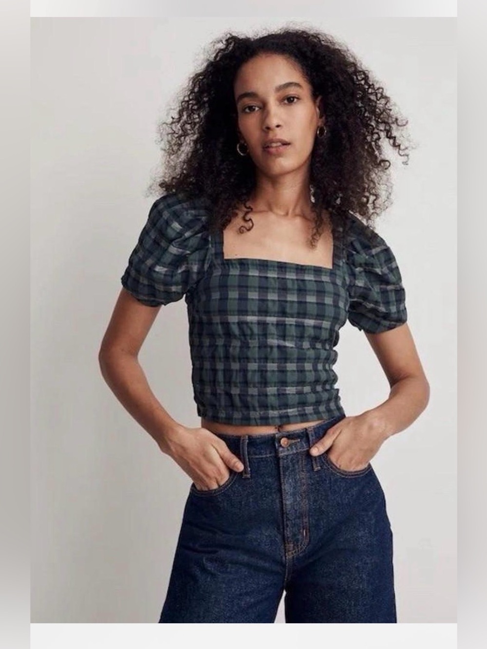 Madewell Green and Black Plaid Square-Neck Puff-Sleeve Crop Top